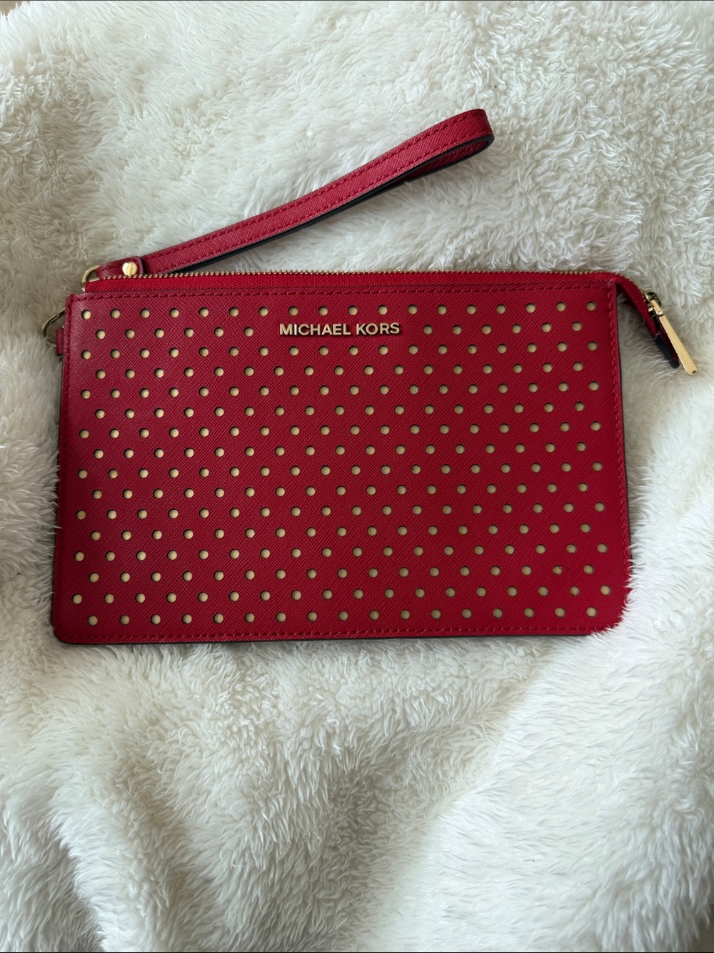 Michael Kors Red Perforated Studded Wristlet with Gold Accents